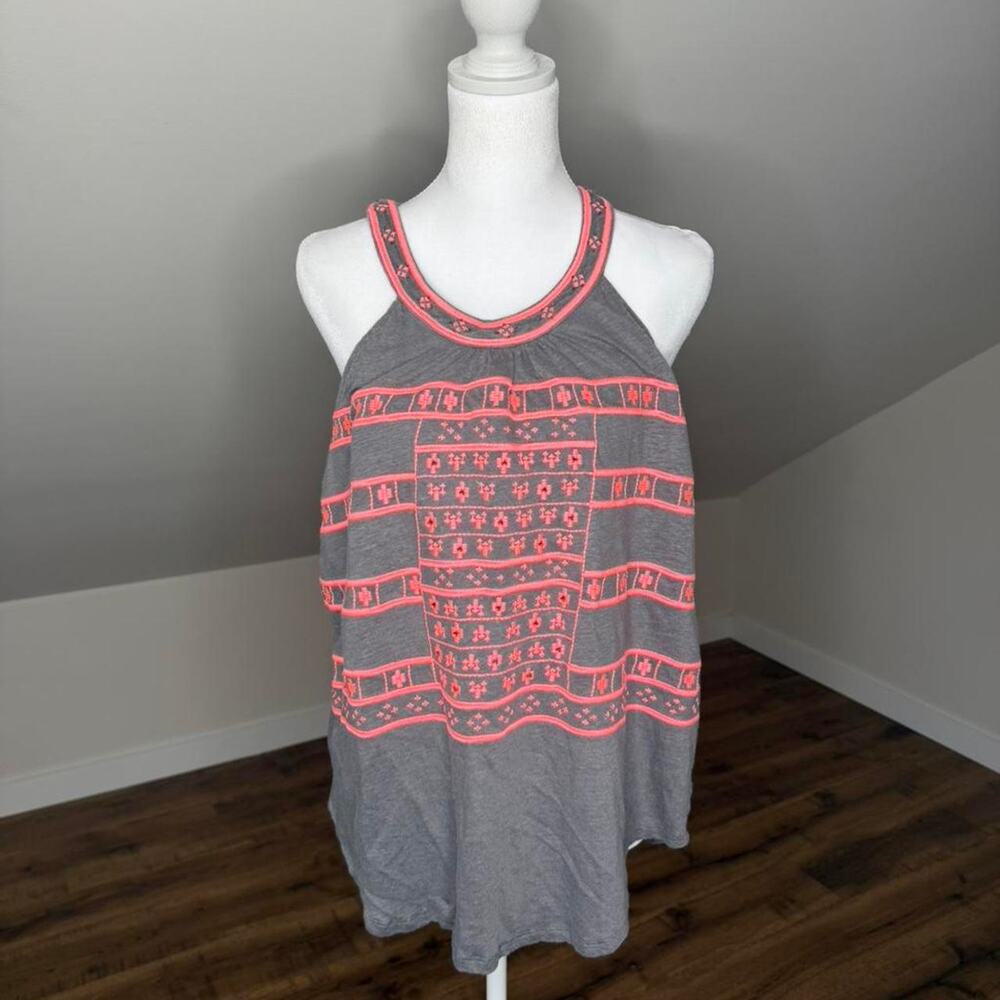 Sundance Gray Linen Embroidered Tank Top Neon Coral Boho Festival Tunic - Picture 2 of 7